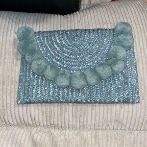 Blue teal raffia straw Pom Pom clutch purse 8” x 12”